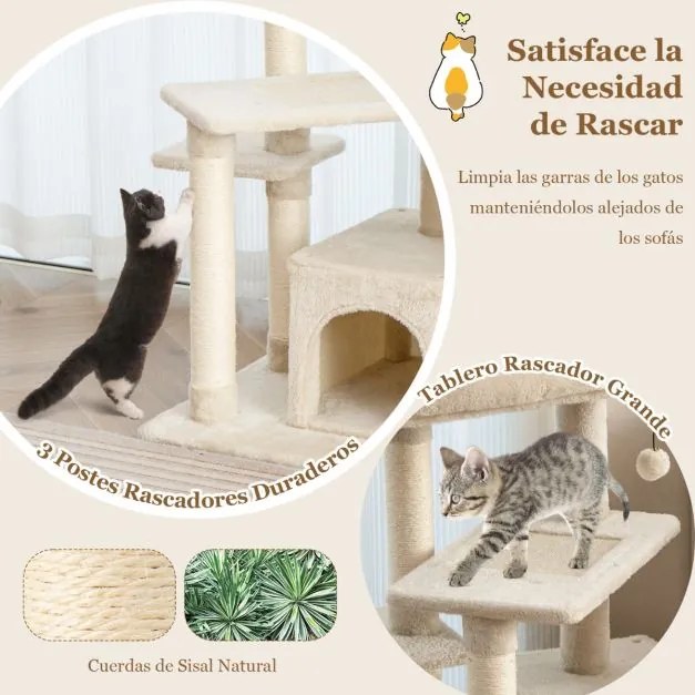 Arranhador para gatos de 4 níveis com postes para arranhar Plataforma superior em felpa 63 x 56,5 x 85 cm Bege