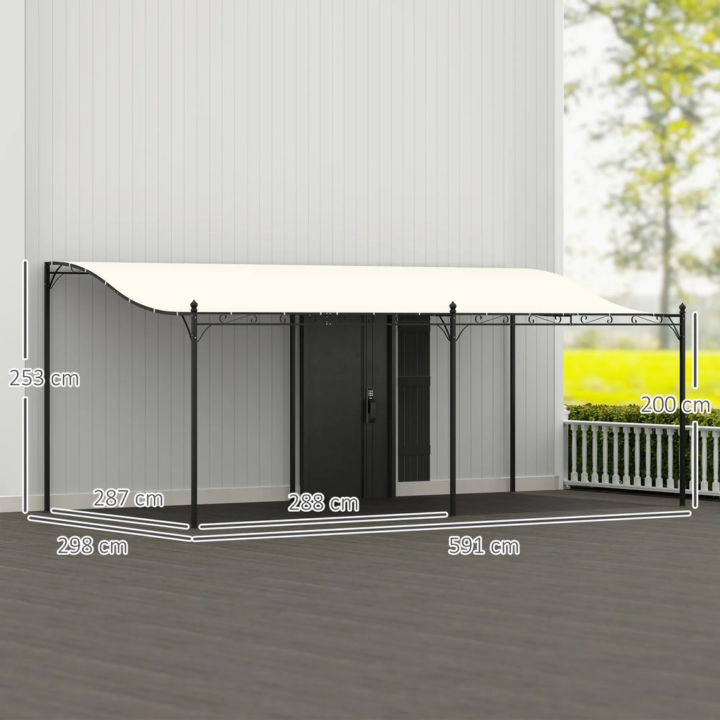Pérgola de Parede 591x298x200-253 cm Pérgola com Teto de Poliéster Impermeável e Estrutura Metálica Creme