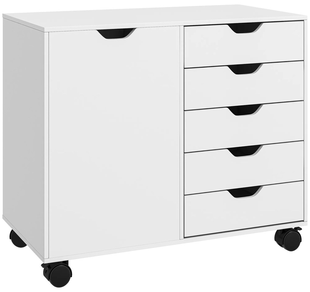 HOMCOM Móvel de Arrumação para Escritório 5 Gavetas 1 Porta Prateleira Ajustável Suporte Impressora Rodízios 78x40x66,5 cm Branco | Aosom Portugal