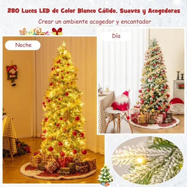 Árvore de Natal pré-iluminada de 190 cm com 280 luzes LED Neve simulada 671 ramos articulados e 60 pinhas Árvore fina Verde