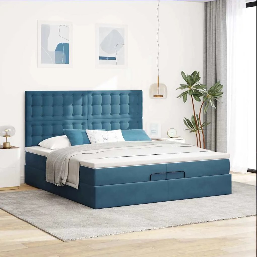 Cama otomana com colchões/LEDs 200x200 cm veludo azul-escuro