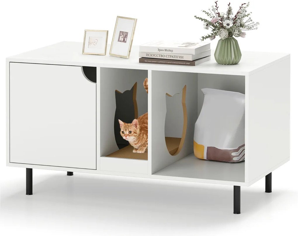 Caixa de areia para 2 gatos 100 cm com tábua de raspar amovível 100 x 52 x 55 cm Branca