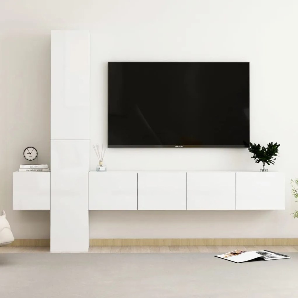 5 pcs conjunto de móveis de TV contraplacado branco brilhante