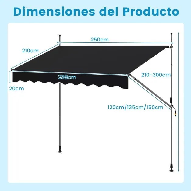Toldo retrátil manual 2,5 m x 3 m Toldo exterior com altura ajustável Manivela e sem perfuração para janela Porta Terraço Preto