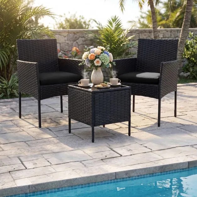 Conjunto de móveis de jardim de 3 peças em rattan com 2 cadeiras e Mesa auxiliar de vidro para terraço, pátio ou varanda Preto