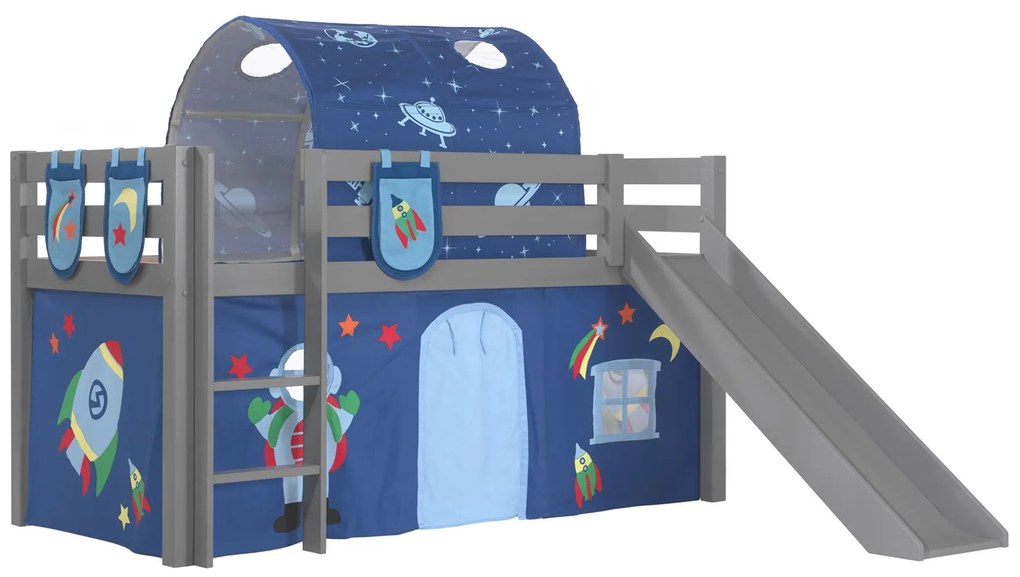 Conjunto Cama alta de Criança PINO 90 x 200 cm + estrado + escada + escorrega + tunel + cortina + bolsas de arrumação Astronauta Cinzenta