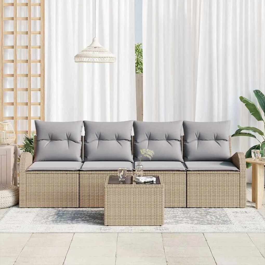 Sofá de Jardim de 5 Peças com Almofadas Bege em Rattan Sintético