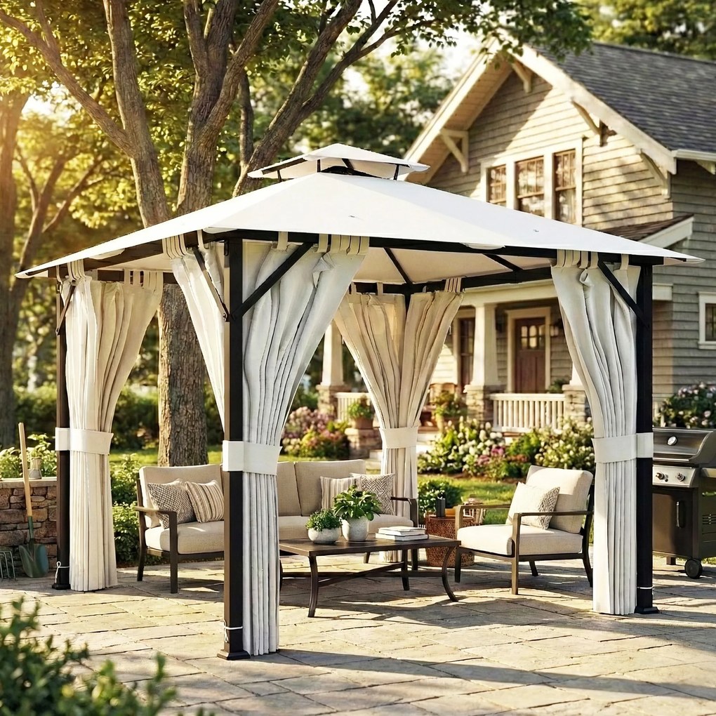 Tenda de jardim para exterior 3x3 m, pavilhão de jardim, telhado duplo, cortinas, ganchos de teto, estrutura metálica, cor creme