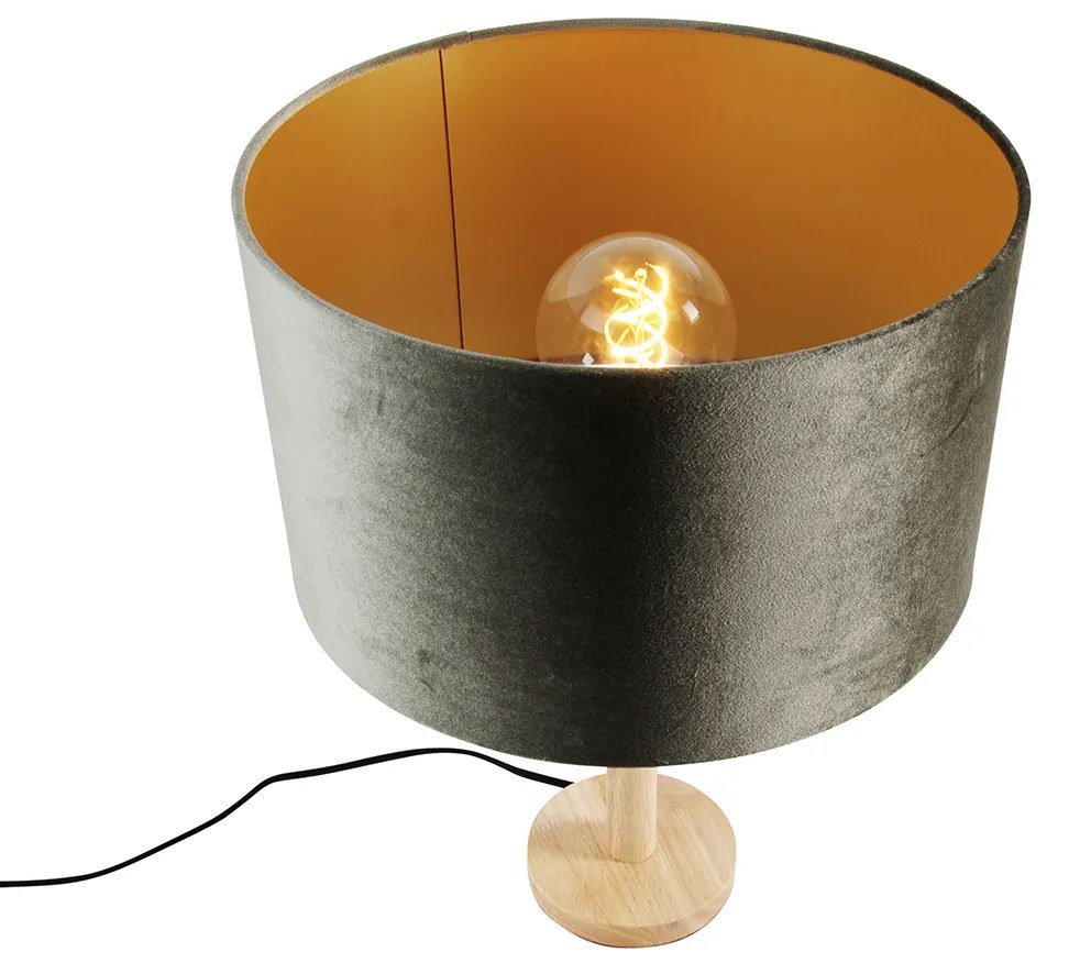 Candeeiro de mesa madeira com abajur de veludo verde 35cm - Mels Clássico / Antigo,Rústico