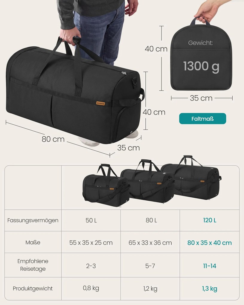 Saco de desporto dobrável muito grande 120 L, com compartimentos para sapatos e para roupa molhada Preto