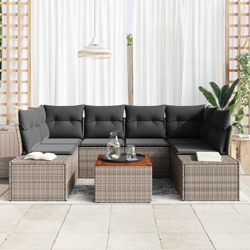 Conjunto de Sofá de Jardim de 7 Peças com Almofadas Cinzento de Poli R