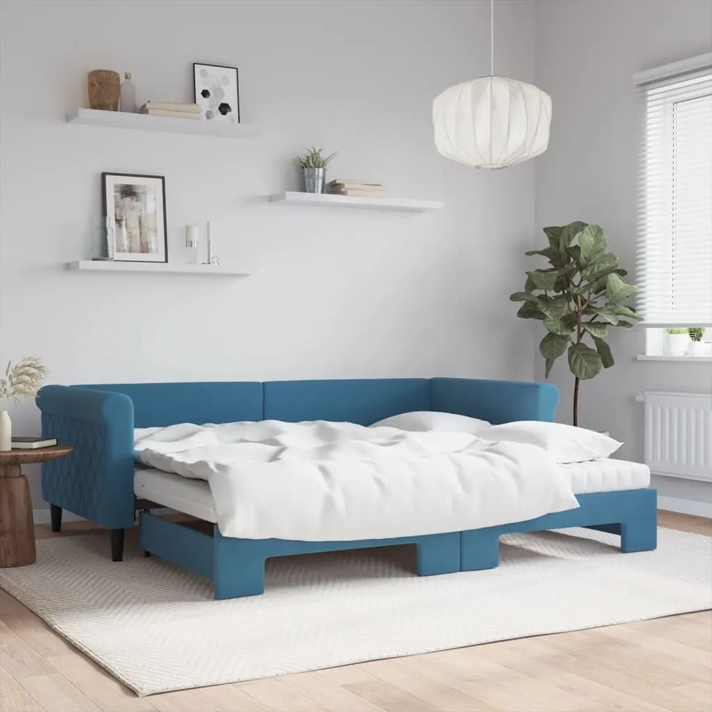 Sofá-cama com gavetão e colchões 90x200 cm veludo azul
