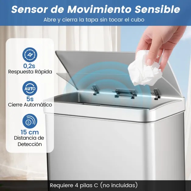 Caixote do lixo em aço inoxidável de 56 litros com sensor de movimento e 2 caixotes do lixo removíveis prateado