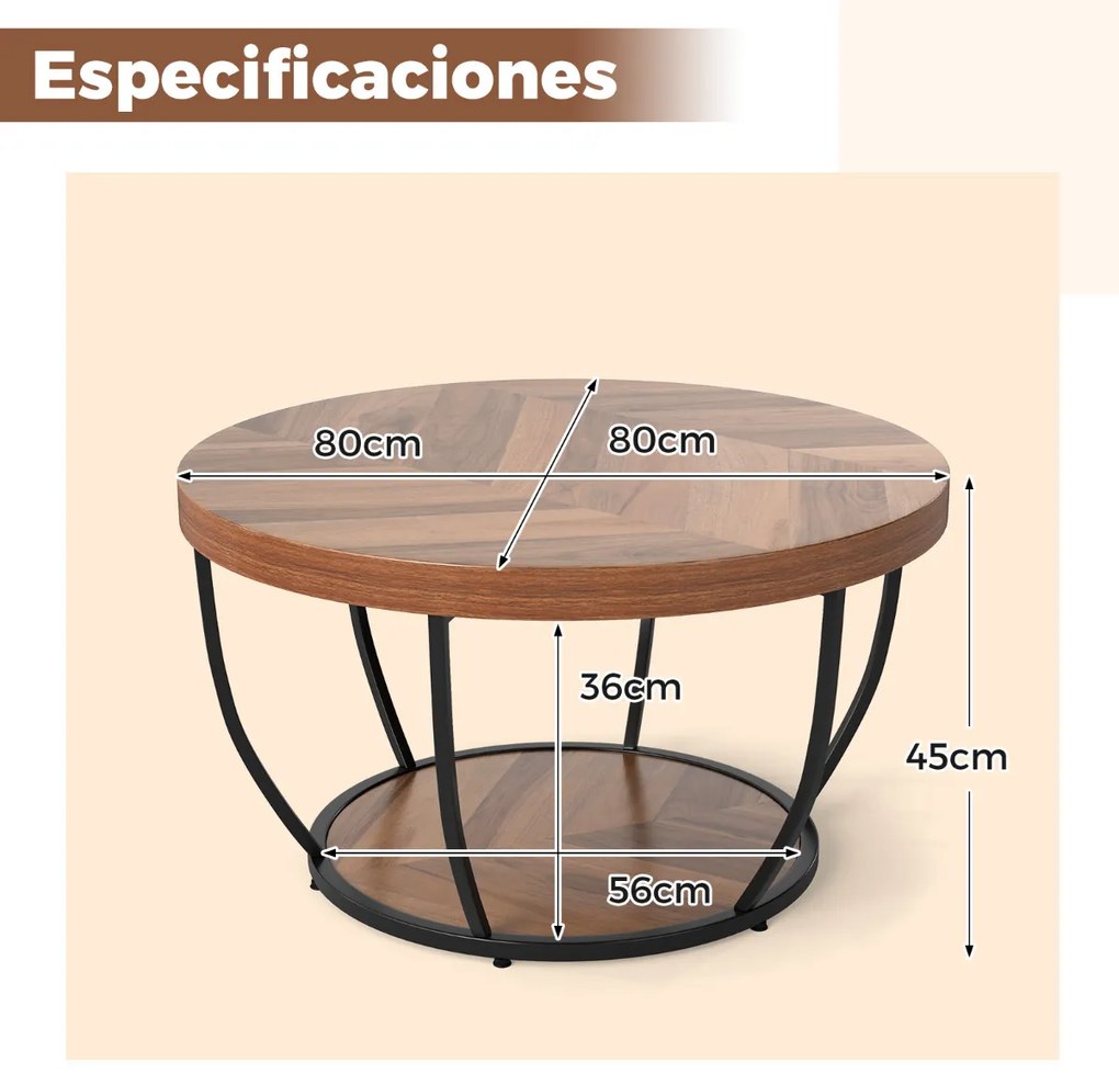 Mesa de centro redonda de 2 níveis com arrumação Mesa de chá de 80 cm com estrutura metálica Mesa de apoio para sala de estar Natural/preto