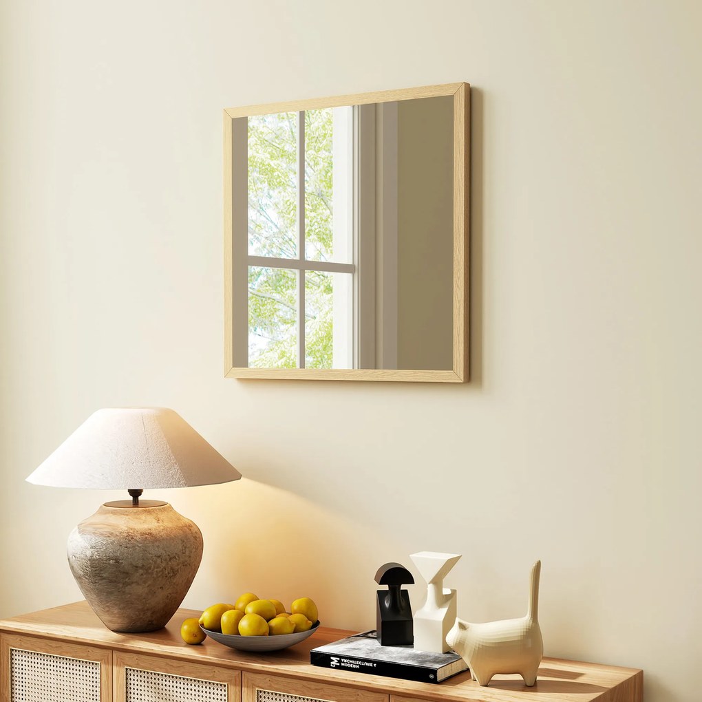 Espelho de parede quadrado de 50 x 50 cm, com moldura em madeira natural, ideal para a casa de banho, sala de estar ou quarto