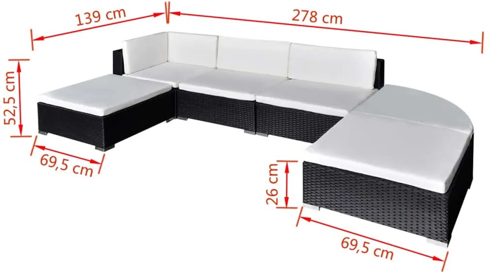 6 pcs conjunto lounge de jardim c/ almofadões vime PE preto