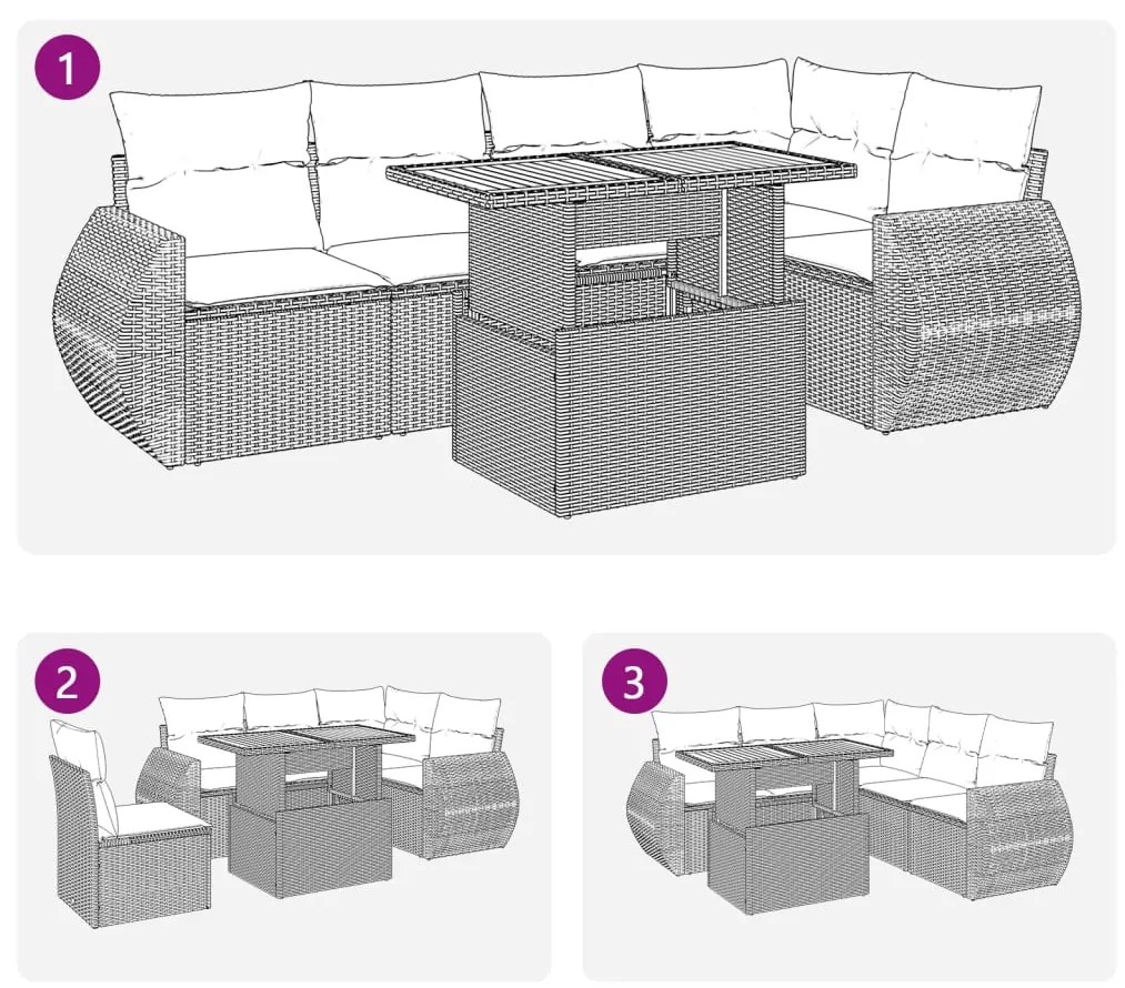 6 pcs conjunto de sofás p/ jardim com almofadões vime PE bege