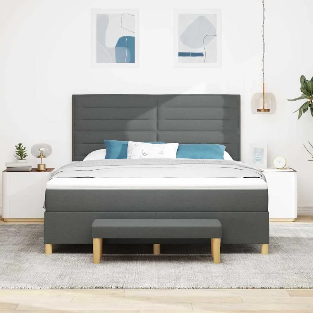 Cama Box com Colchão e Banco Cinza Escuro 180x200 cm Tecido