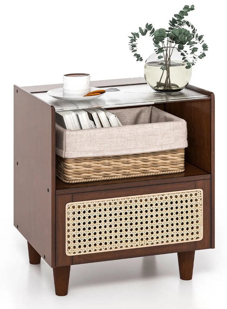Mesa de cabeceira de bambu e rattan com gaveta e pernas de madeira maciça 43 x 35 x 50 cm Castanho