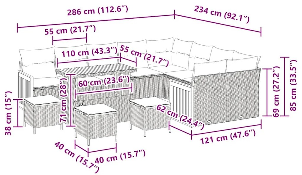 Conjunto de Sofá de Jardim vidaXL 13 Peças com Almofadas Bege Rattan P