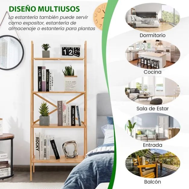 Estante de bambu para escadaria 4 níveis Suporte para plantas Anti-ponta para sala de estar e escritório 60 x 35,5 x 148 cm Natural