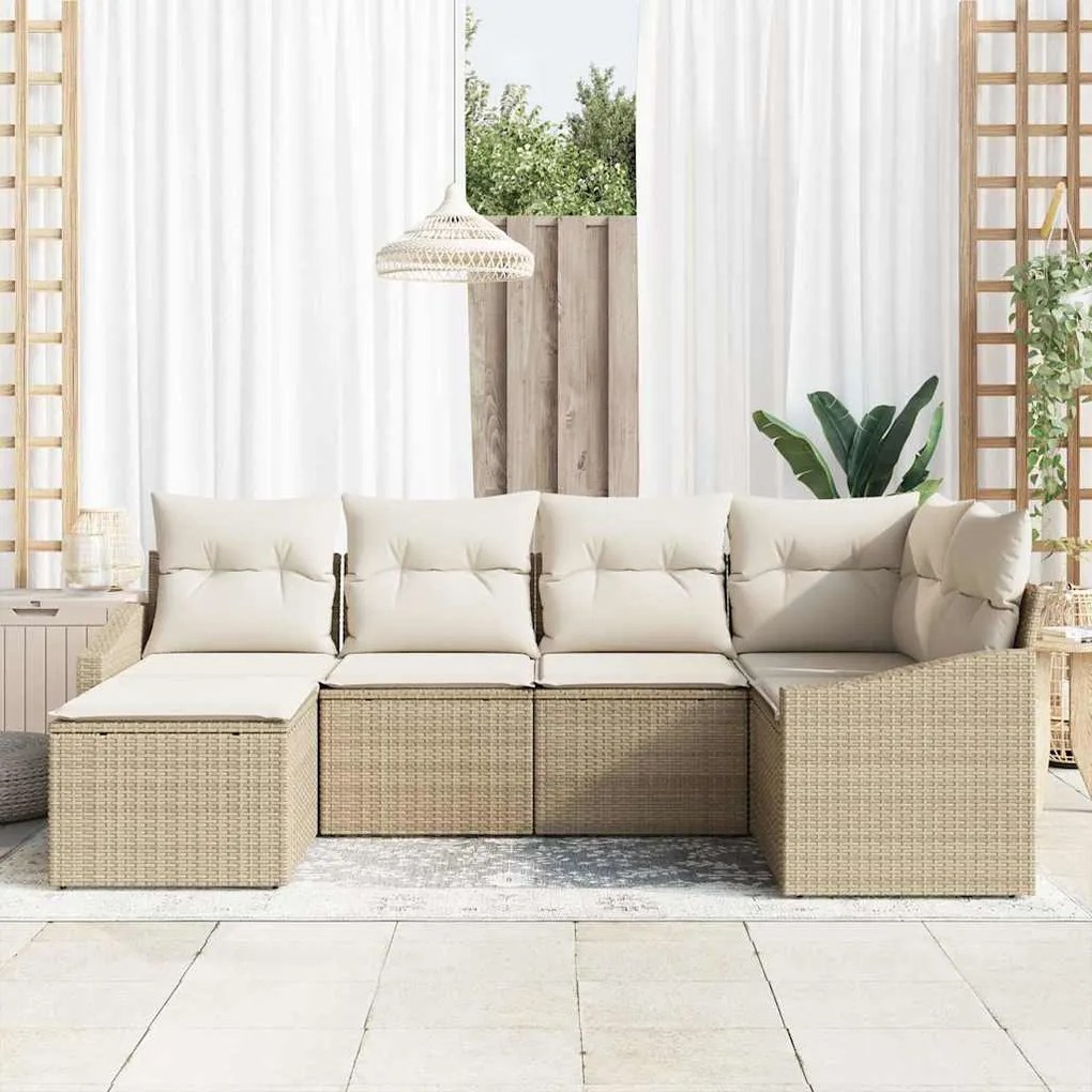 Conjunto de Jantar pro Jardim com 6 Peças e Almofadas Bejas em Rattan
