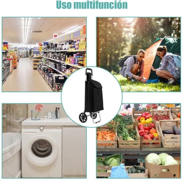 Carrinho de compras dobrável com rodas 34 x 28 x 90 cm, bolsa impermeável removível, leve, para piqueniques e acampamentos, praia preto