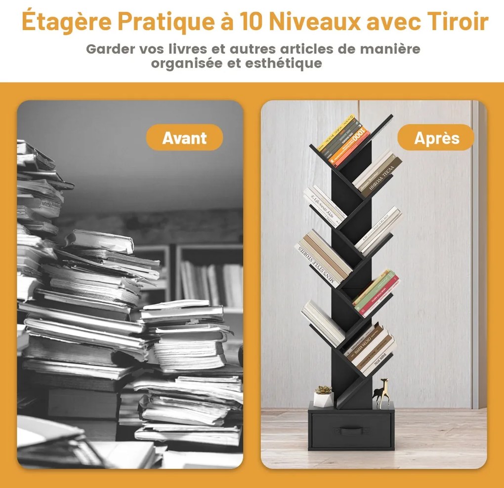 Estante de livros em formato de árvore com 10 níveis e gaveta para armazenamento - marrom