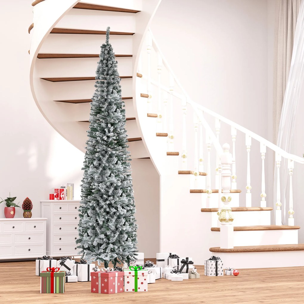 Árvore de Natal Estreita 270 cm com Efeito Neve, 1014 Ramos e Suporte Metálico, Verde e Branco
