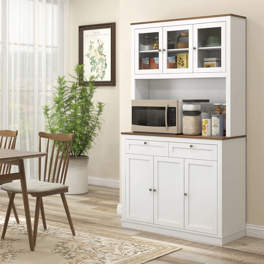Armário de Cozinha com 3 Portas de Vidro Compartimento Aberto 2 Gavetas e Prateleiras Ajustáveis 100x40x180 cm Branco