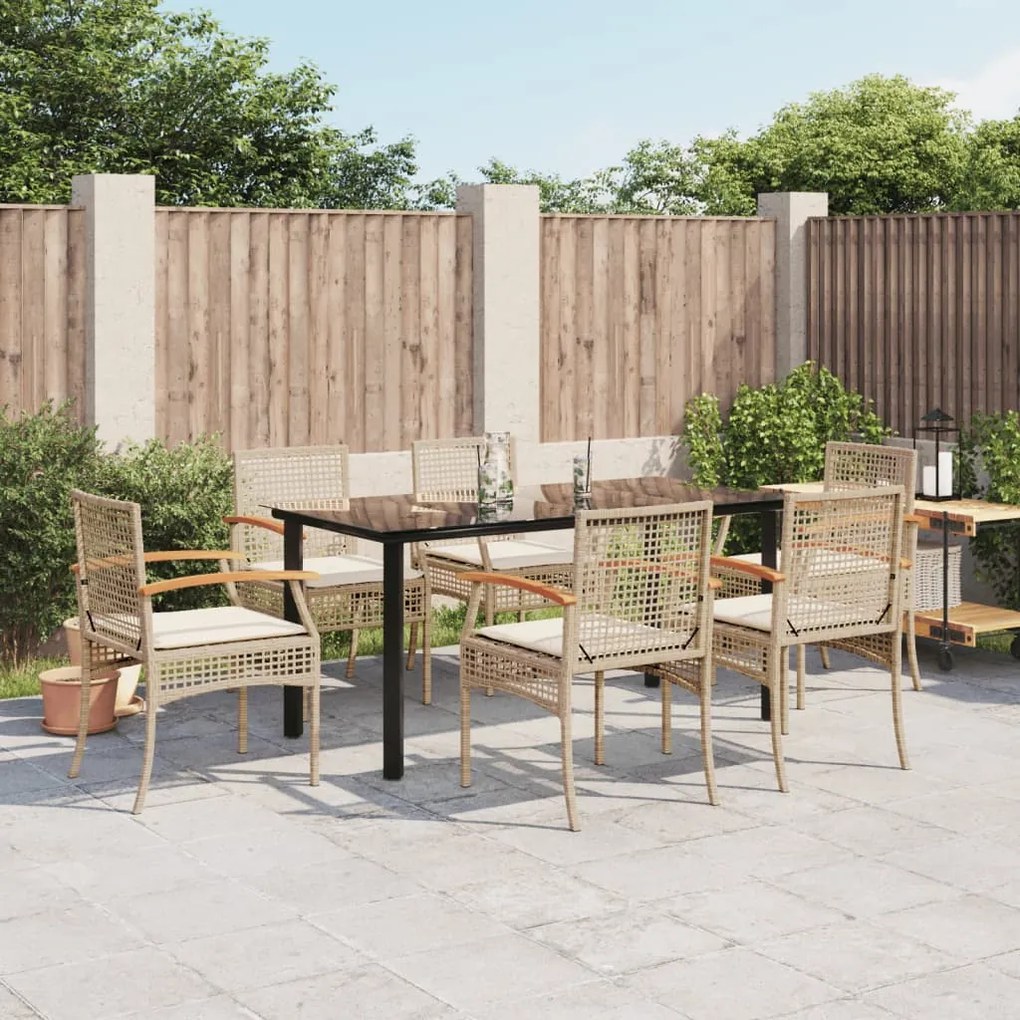 7 pcs conjunto de jantar p/ jardim com almofadões vime PE bege
