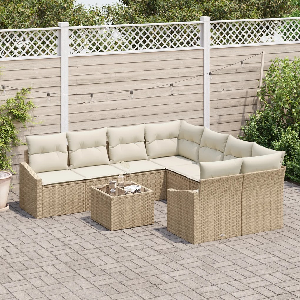 Conjunto de Jantar de Jardim com 9 Peças e Almofadas Bege em Rattan Si