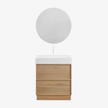 Conjunto De Móveis De Banheiro Em Madeira Jolene Com Pia Integrada Madeira Natural & Redondo Led E Anti-embaciamento Ø70 Cm Riben & - Sklum