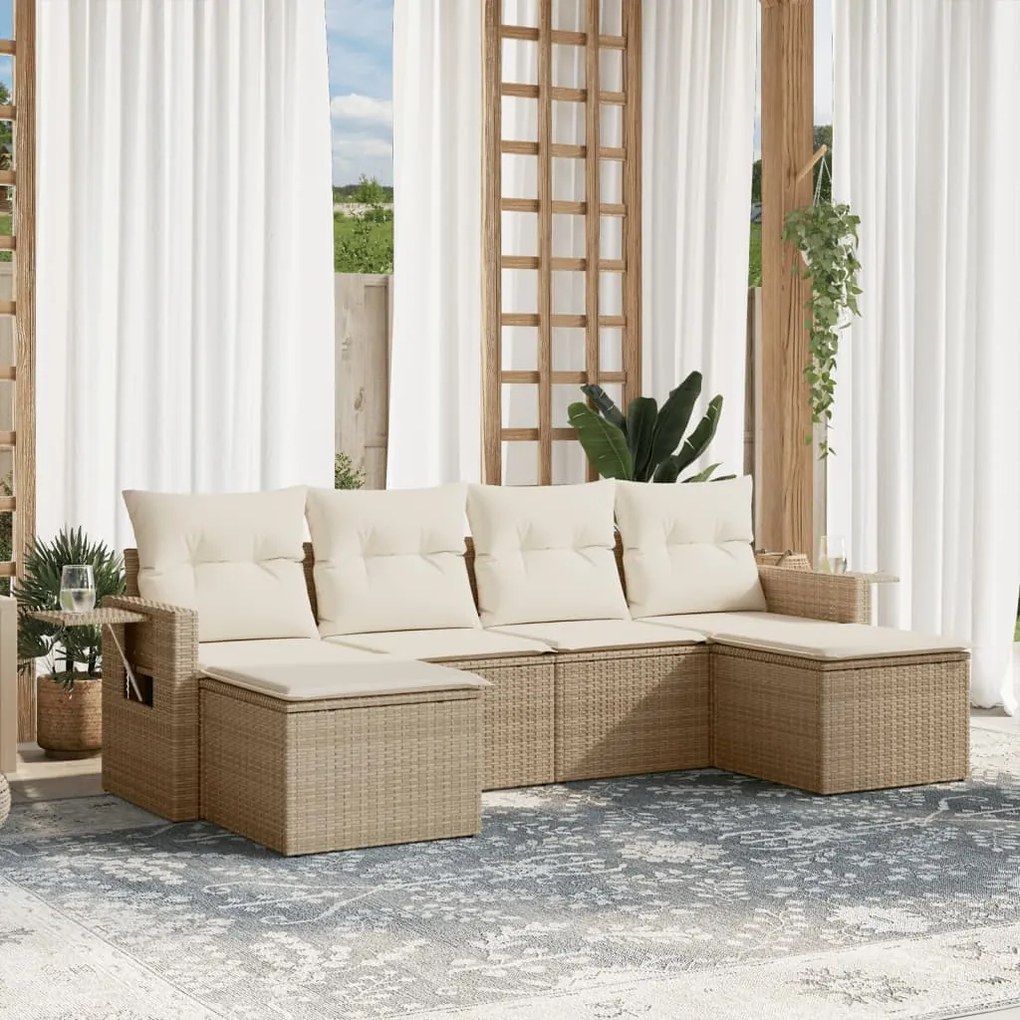 6 pcs conjunto de sofás p/ jardim com almofadões vime PE bege