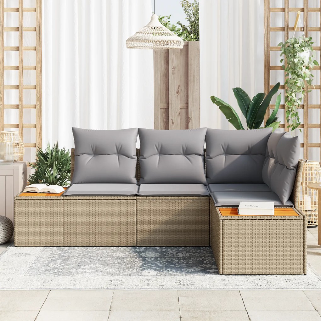 Conjunto de Sofá de Jardim vidaXL de 4 Peças com Almofadas Bege em Rat