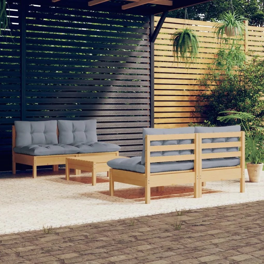5 pcs conjunto lounge de jardim c/ almofadões cinzentos pinho