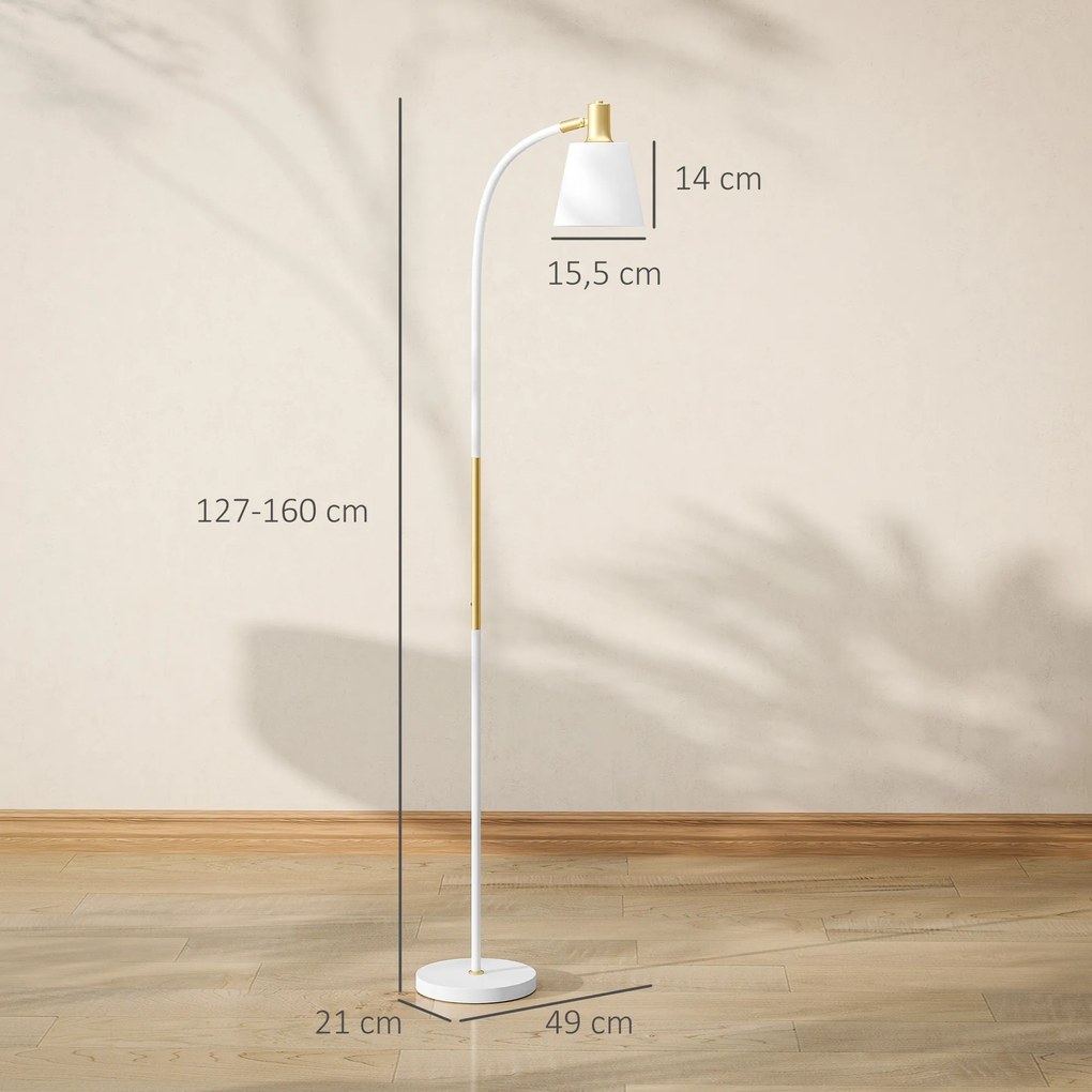 Candeeiro de Pé LED com Altura Ajustável Ecrã Interruptor para Sala de Estar Escritório Quarto 49x21x127-160 cm Branco e Dourado