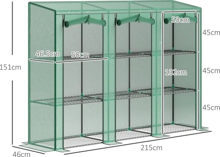 Estufa Pequena com Prateleiras de 3 Níveis 215x46x151 cm Portas com Fecho de Correr Estufa para Cultivar  Verde