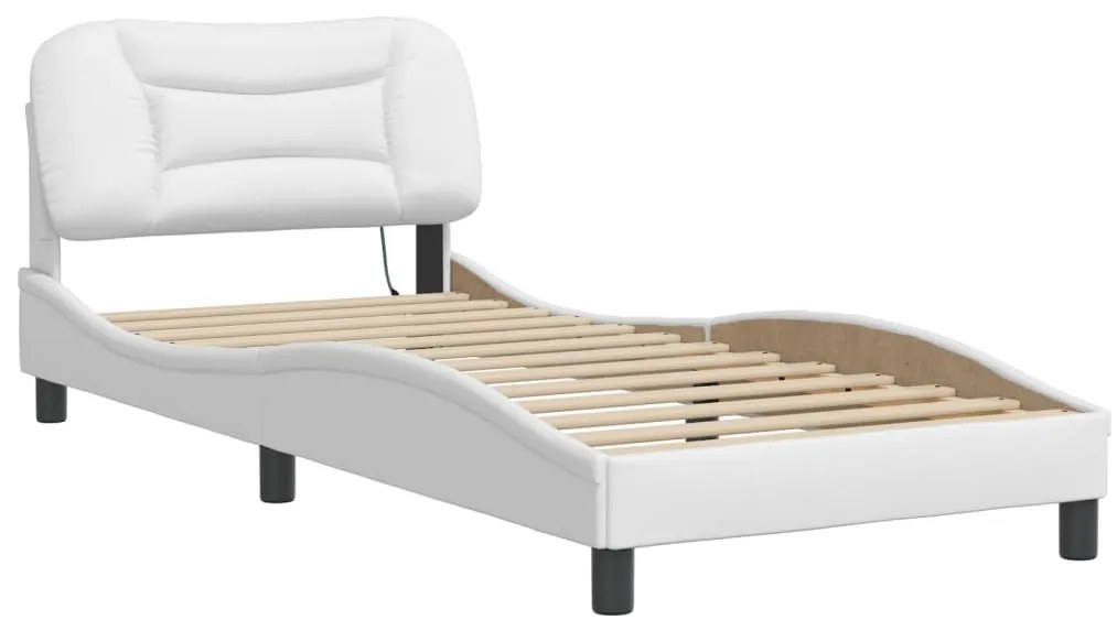 Estrutura de cama c/ luzes LED 90x190cm couro artificial branco