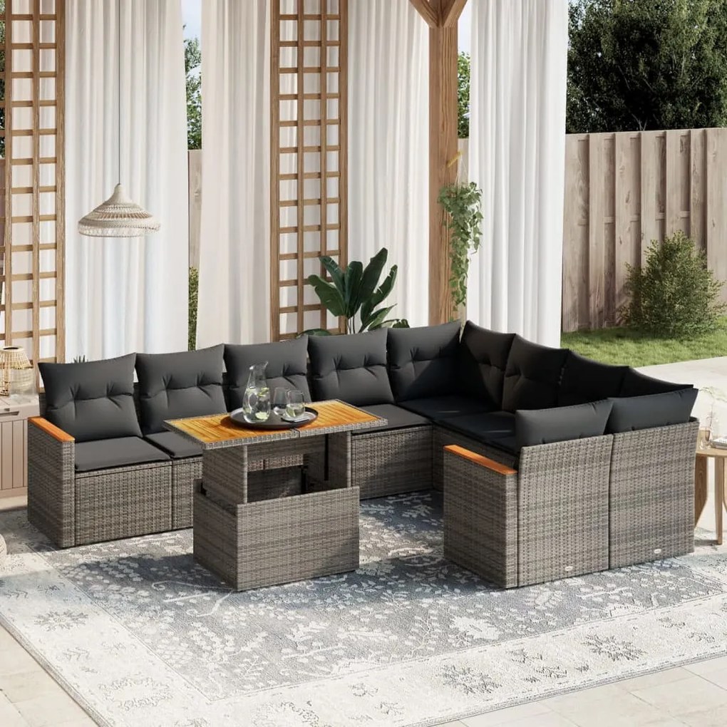 10 pcs conjunto sofás de jardim c/ almofadões vime PE cinzento