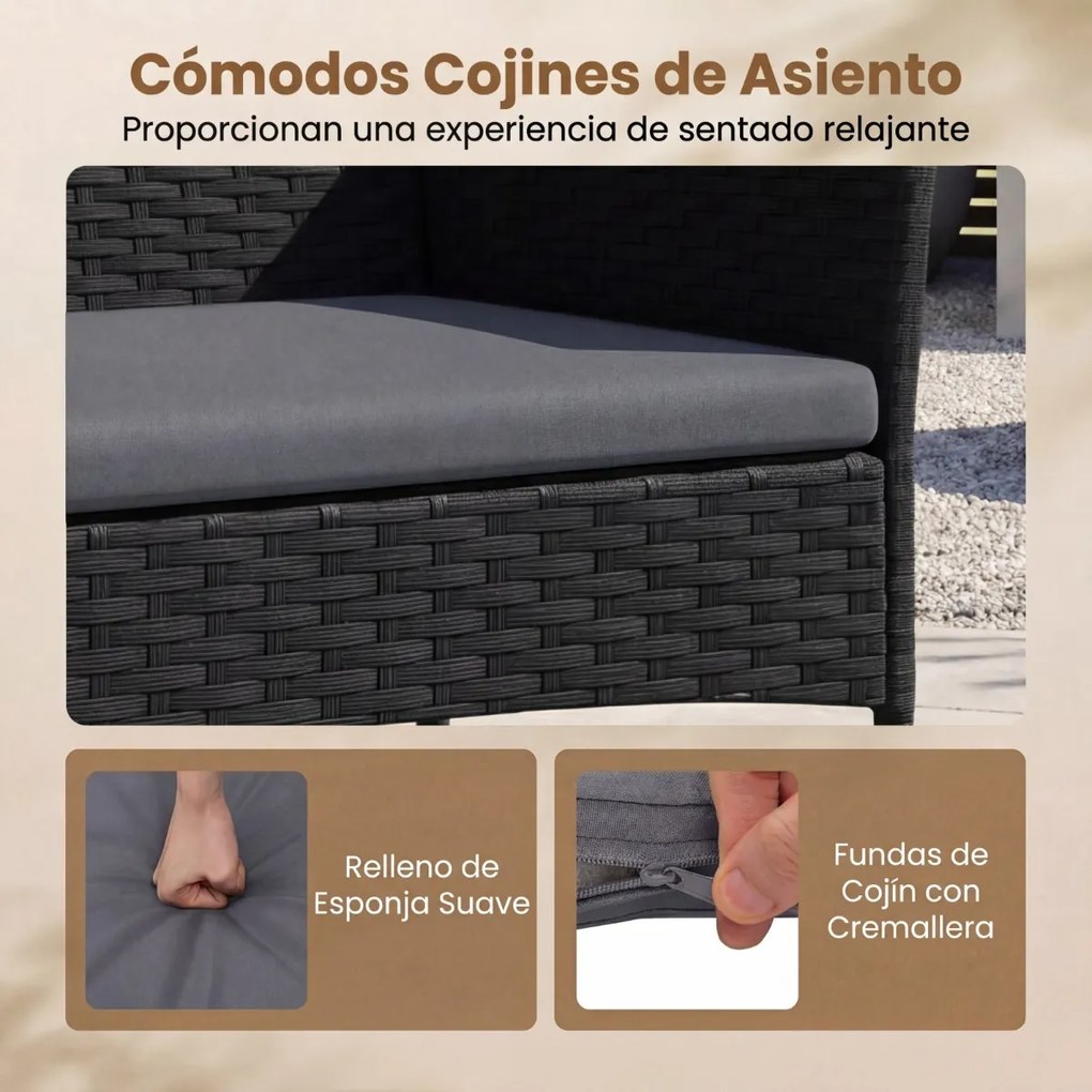 Conjunto de jardim em rattan de 4 peças, com 2 poltronas, sofá de 2 lugares, mesa auxiliar e almofadas de espuma, para alpendre, pátio ou terraço, Pre