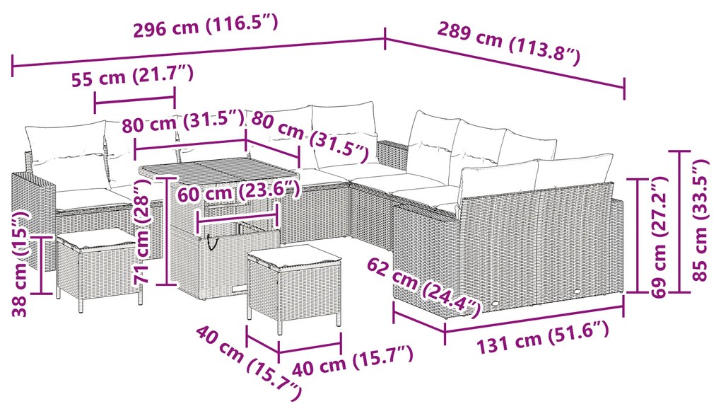 Conjunto de Sofá de Jardim vidaXL 13 Peças com Almofadas Preto Vime PE