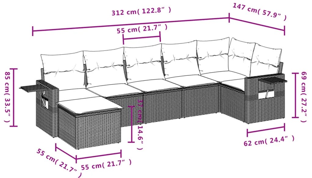 7 pcs conjunto de sofás p/ jardim com almofadões vime PE bege