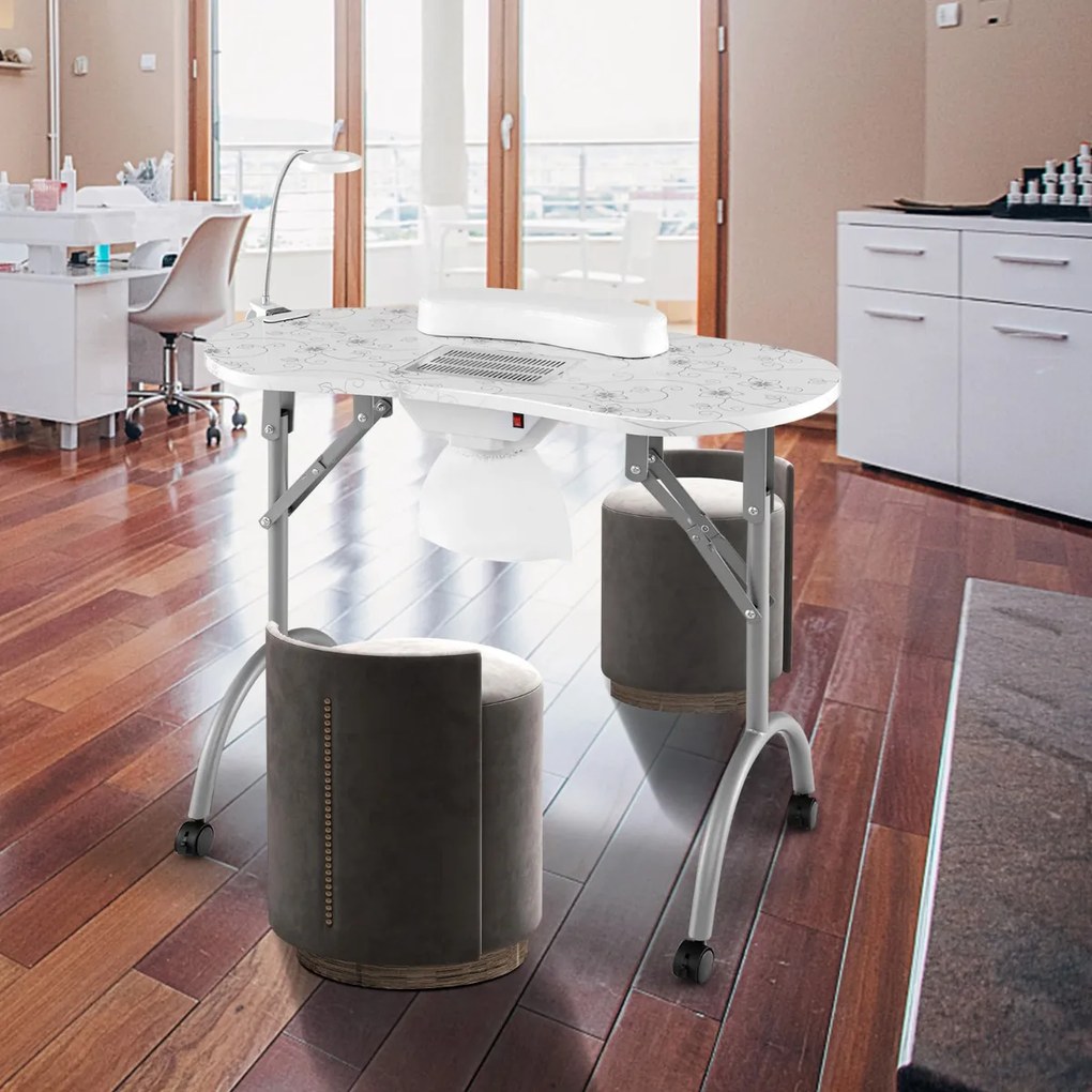 Mesa de manicure unhas portátil com lâmpada LED ajustável Coletor de pó elétrico 4 rodas bloqueáveis 90 x 43 x 73 cm Branco