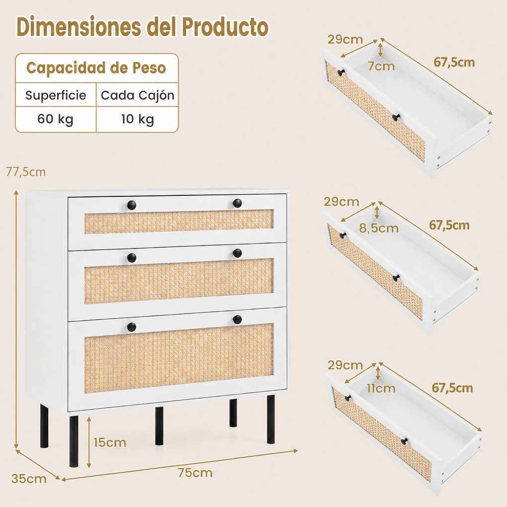 Cómoda de 3 Gavetas, 75 x 35 x 77,5 cm, Frentes com Imitação de Vime, Branco