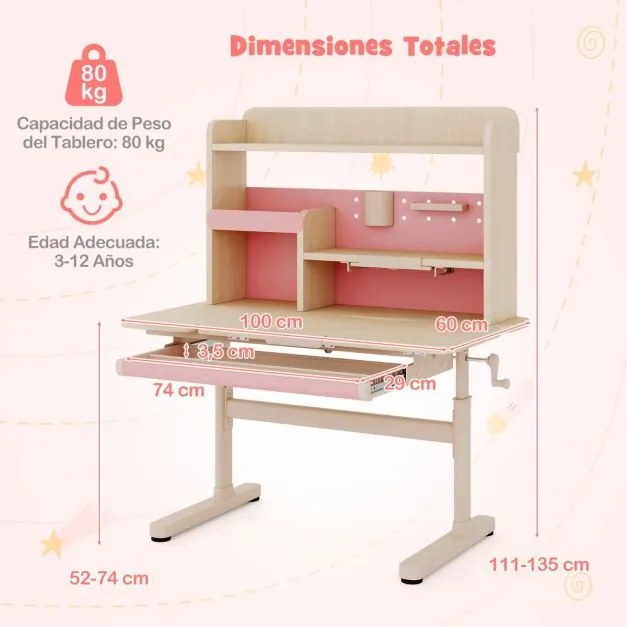 Conjunto de secretária e cadeira infantil com estante e gaveta Superfície inclinável Cadeira com altura e encosto ajustáveis Rosa