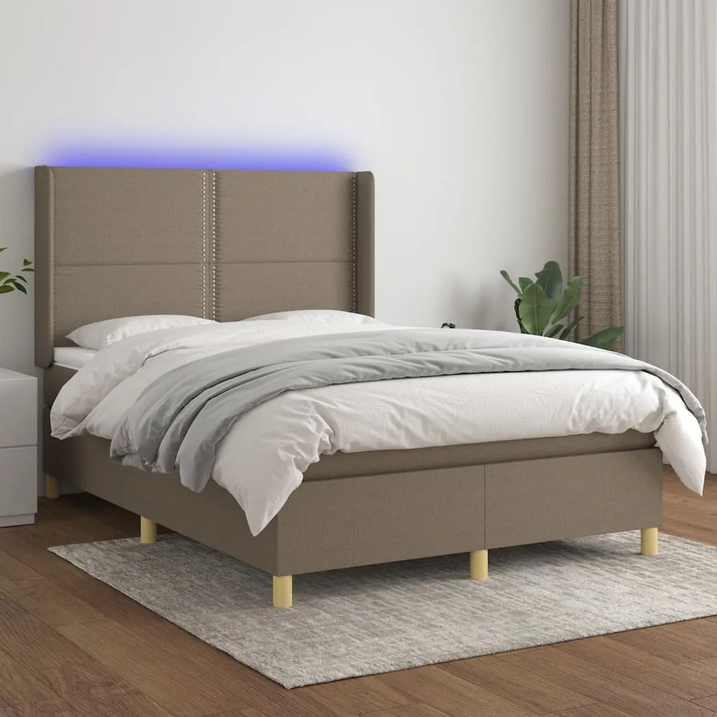 Cama box spring colchão/LED 140x200 cm tecido cinza-acastanhado