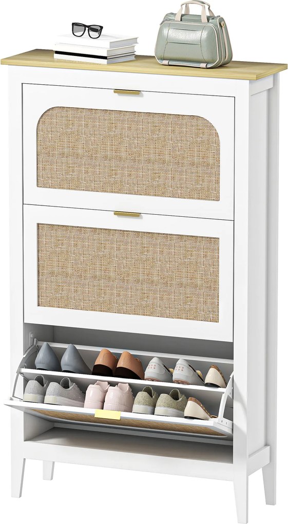 Sapateira com capacidade para 21 pares 80 x 24 x 131 cm, estilo boémio, com 3 gavetas rebatíveis, portas com efeito de vime, branco
