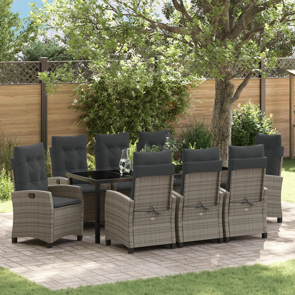 vidaXL Conjunto de Jantar de Jardim com 9 Peças e Almofadas - Rattan Poliéster Cinza