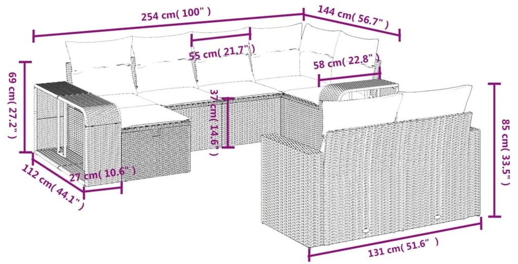 10 pcs conjunto sofás de jardim c/ almofadões vime PE preto